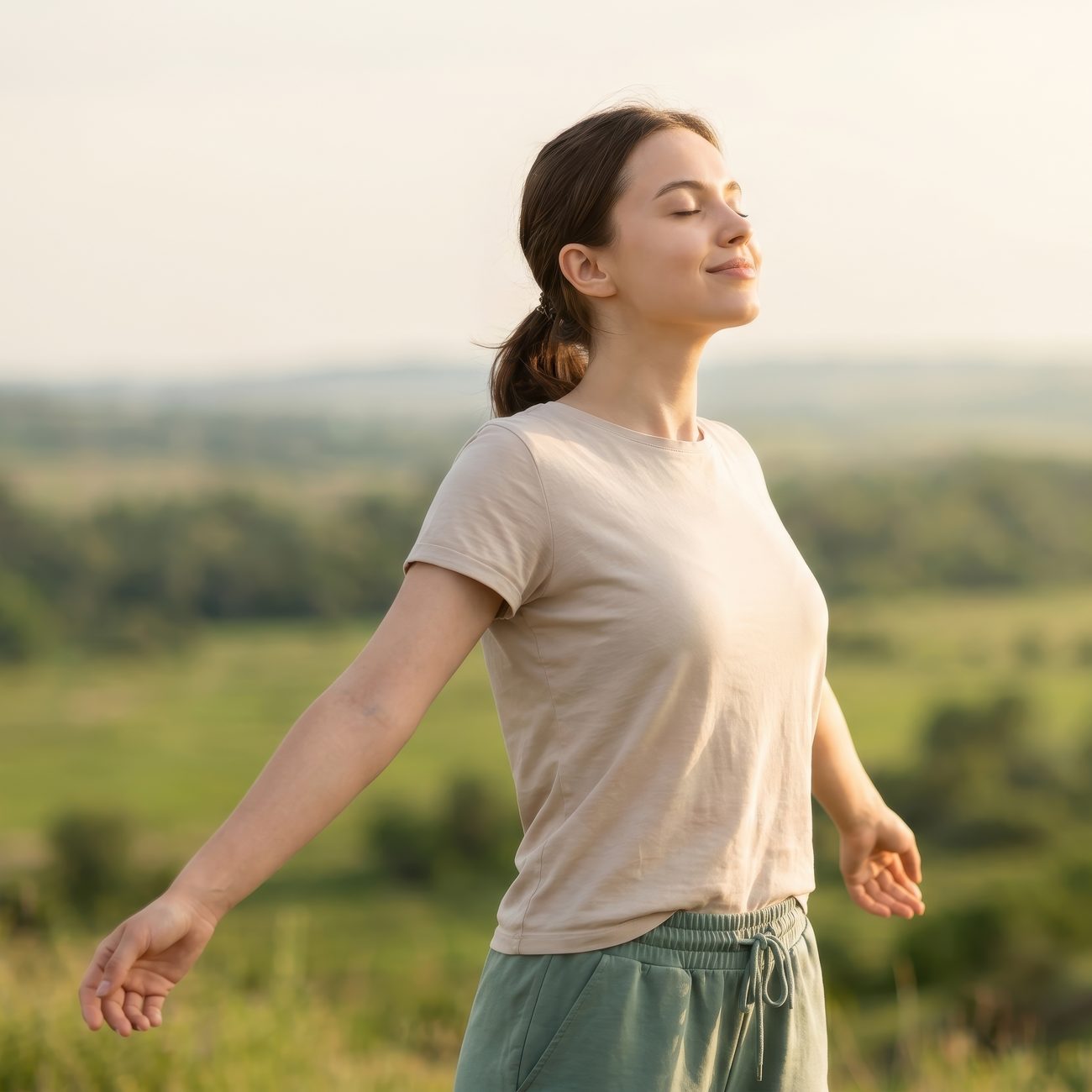 A woman standing in an open field with her eyes closed and arms relaxed at her sides