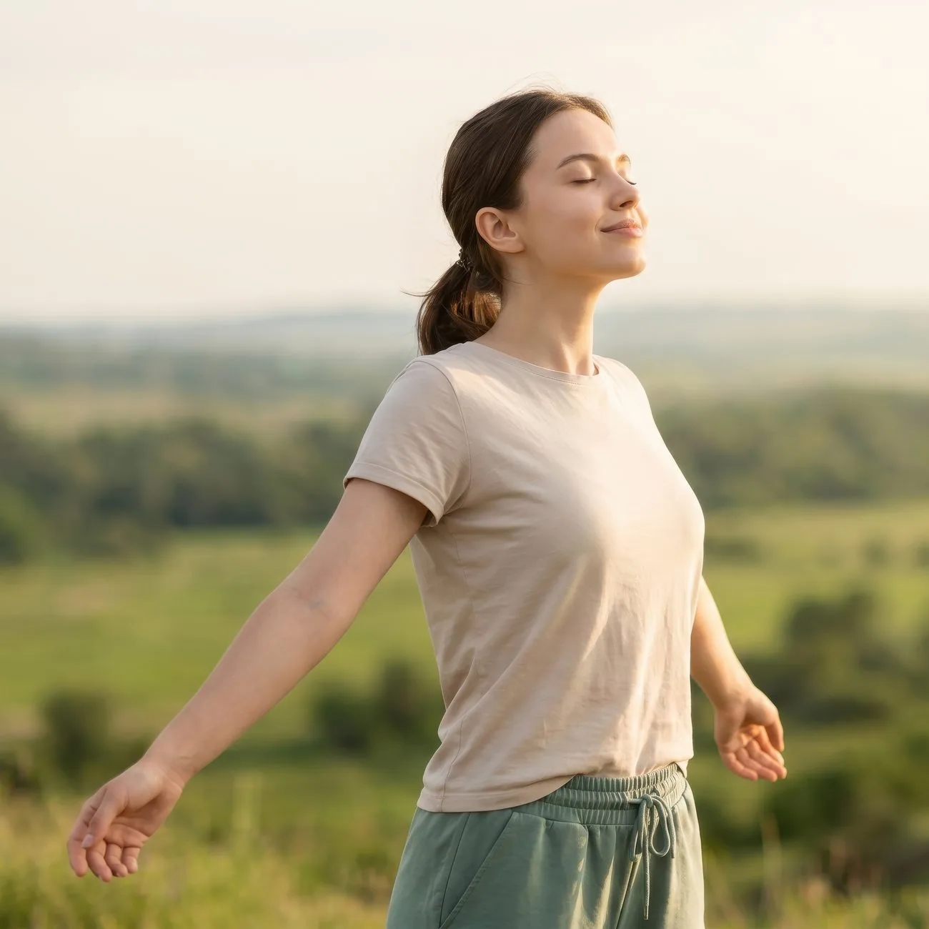 A woman standing in an open field with her eyes closed and arms relaxed at her sides