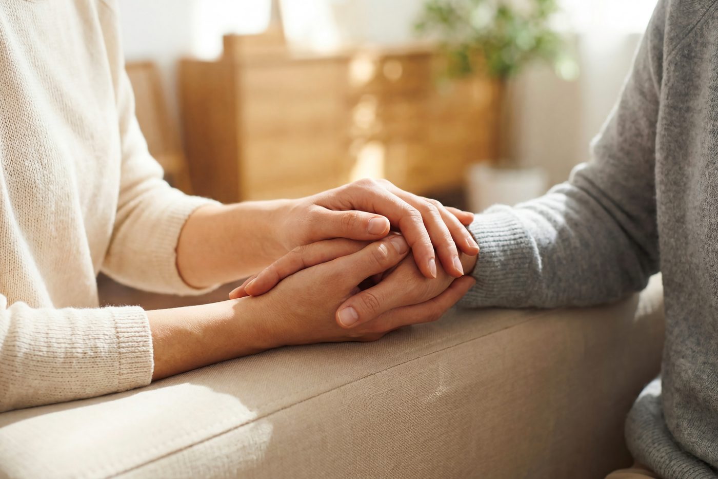 One person gently holding another persons hand while sitting together on a sofa